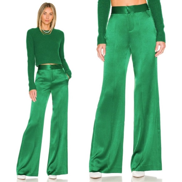 Alice + Olivia Pants - Alice + Olivia Dylan Green Satin Wide Leg High Waisted Pants Size 12